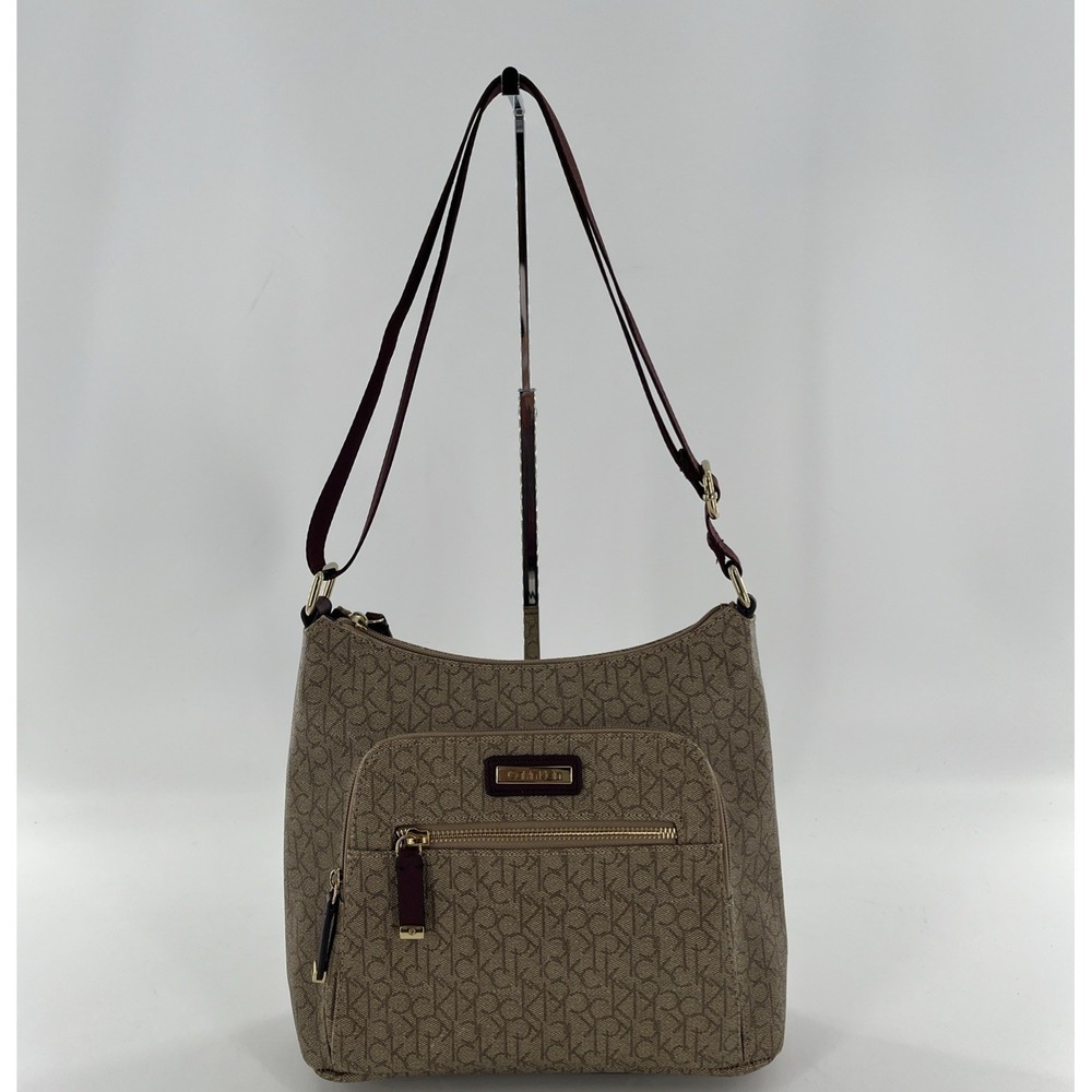 Rare Calvin‎ Klein Signature Allover Monogram Taupe Crossbody Maroon Strap Gold